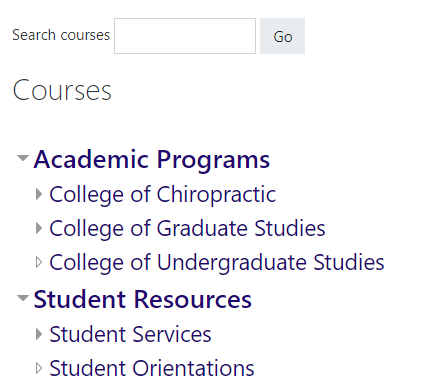 screenshot of course list and search field