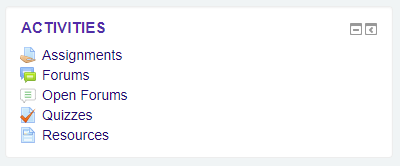 Activities block, Assignments, Forums, Open Forums, Quizzes, Resources 