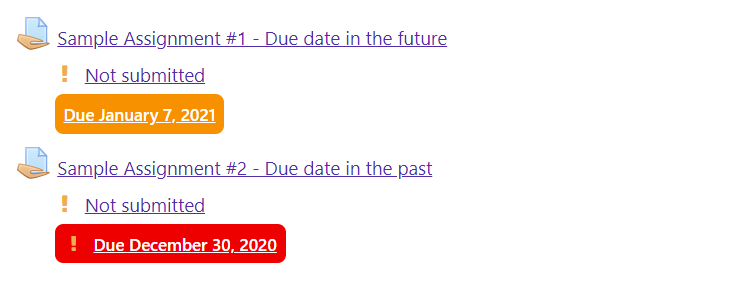 Screen shot of due dates